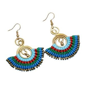 Handmade Spiral Fan Earrings – Colorful Threaded Drop Design with Gold Accents